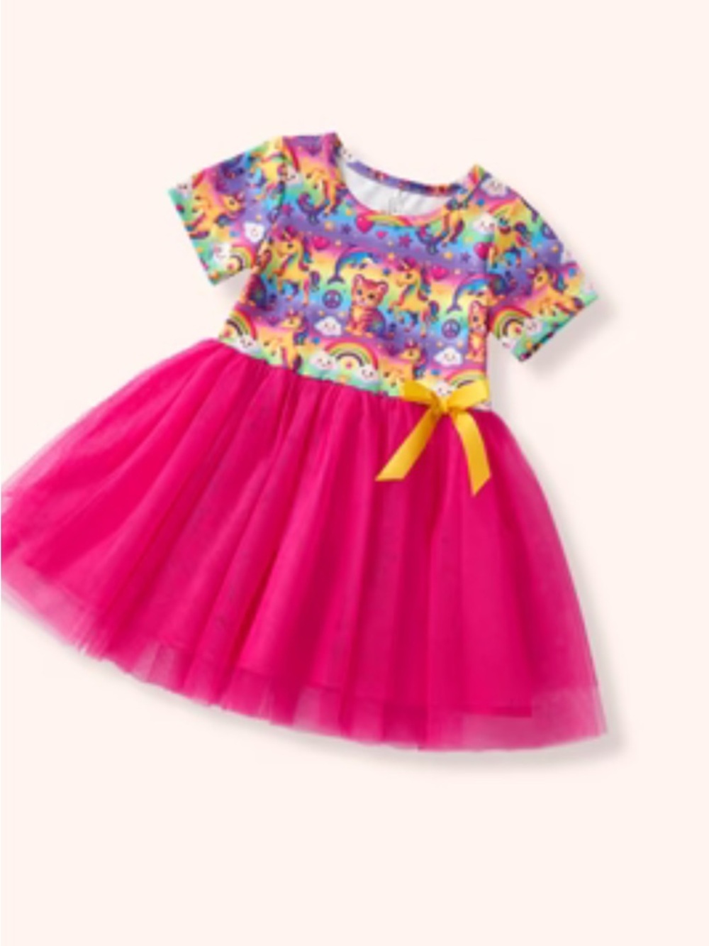Girls Rainbow Unicorn Print Top with Hot Pink Tulle Skirt NWT